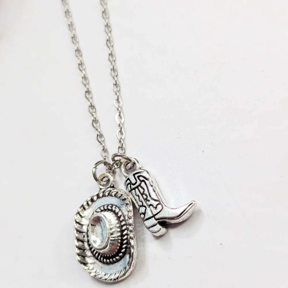 Silver Western Cowboy Hat & Boot Necklace Dainty Coastal Cowgirl Jewelry